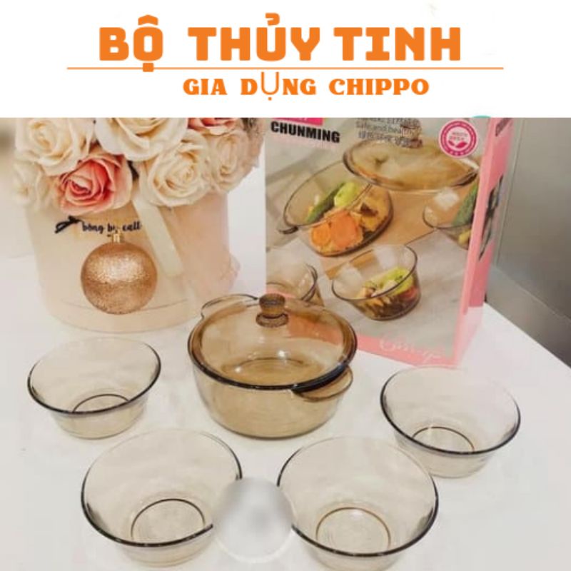 Set bát thuỷ tinh có nắp + 4 bát thuỷ tinh nhỏ HÀNG CAO CẤP (Tổng 5 món)