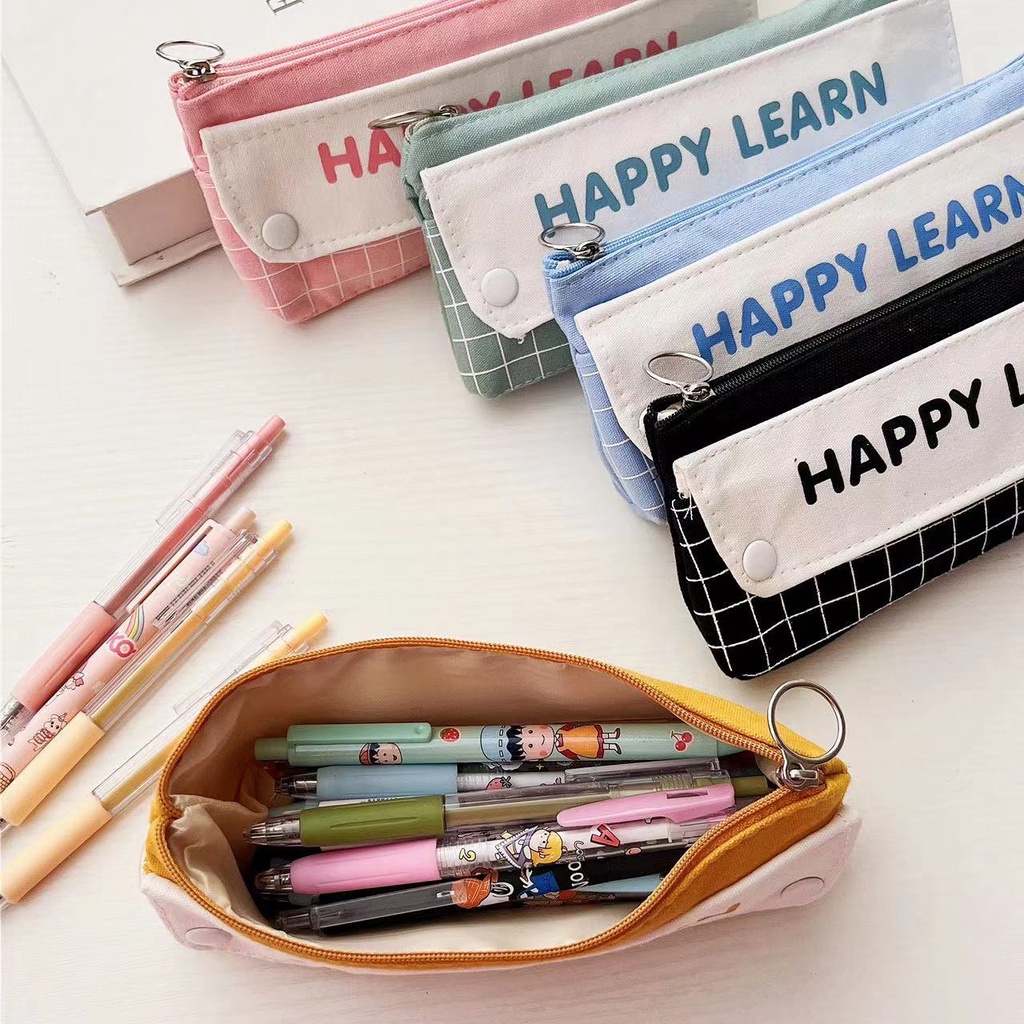 Túi Đựng Bút Bằng Vải Canvas Hai Lớp Họa Tiết Kẻ Ô Đơn Giản Sáng Tạo Ốp