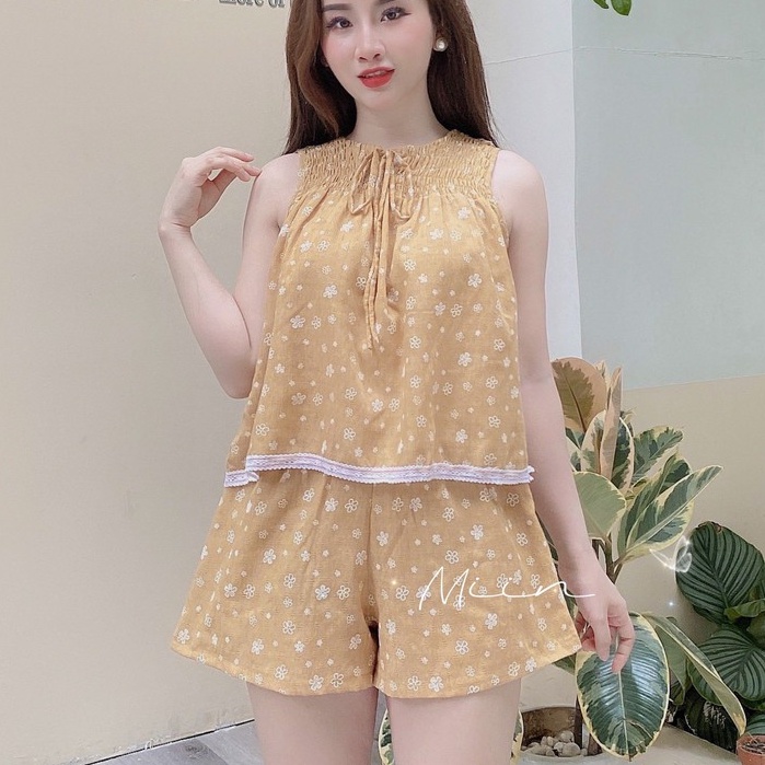Set Bộ Đồ Ở Nhà Hoa Nhí Viền Ren Màu Vàng