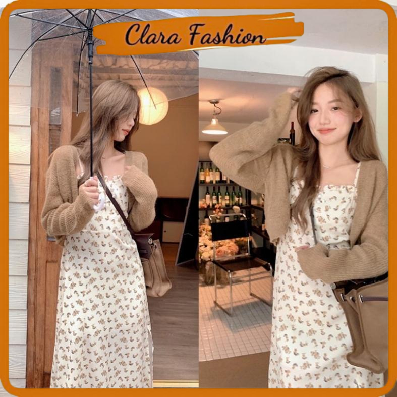 Set Váy Hoa Nhí 2 Dây Xốp Chun Sau Kèm Khoác Len Nâu Có Ảnh Thật Clara Siêu Xinh