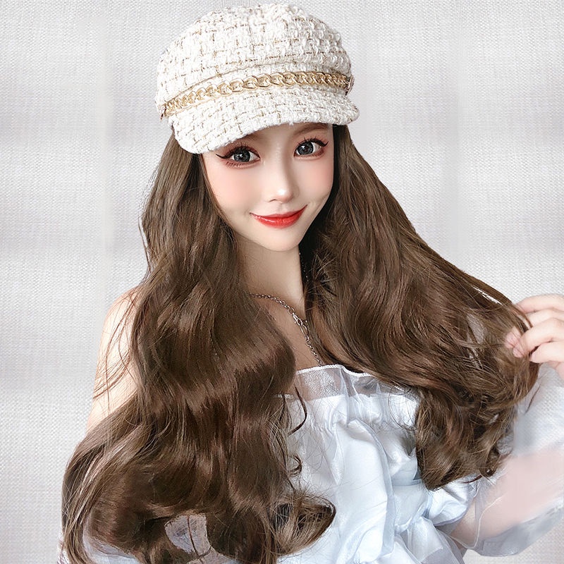 Bộ tóc giả dài uốn gơn sóng phối mũ lưỡi trai thời trang thu đông cho nữ