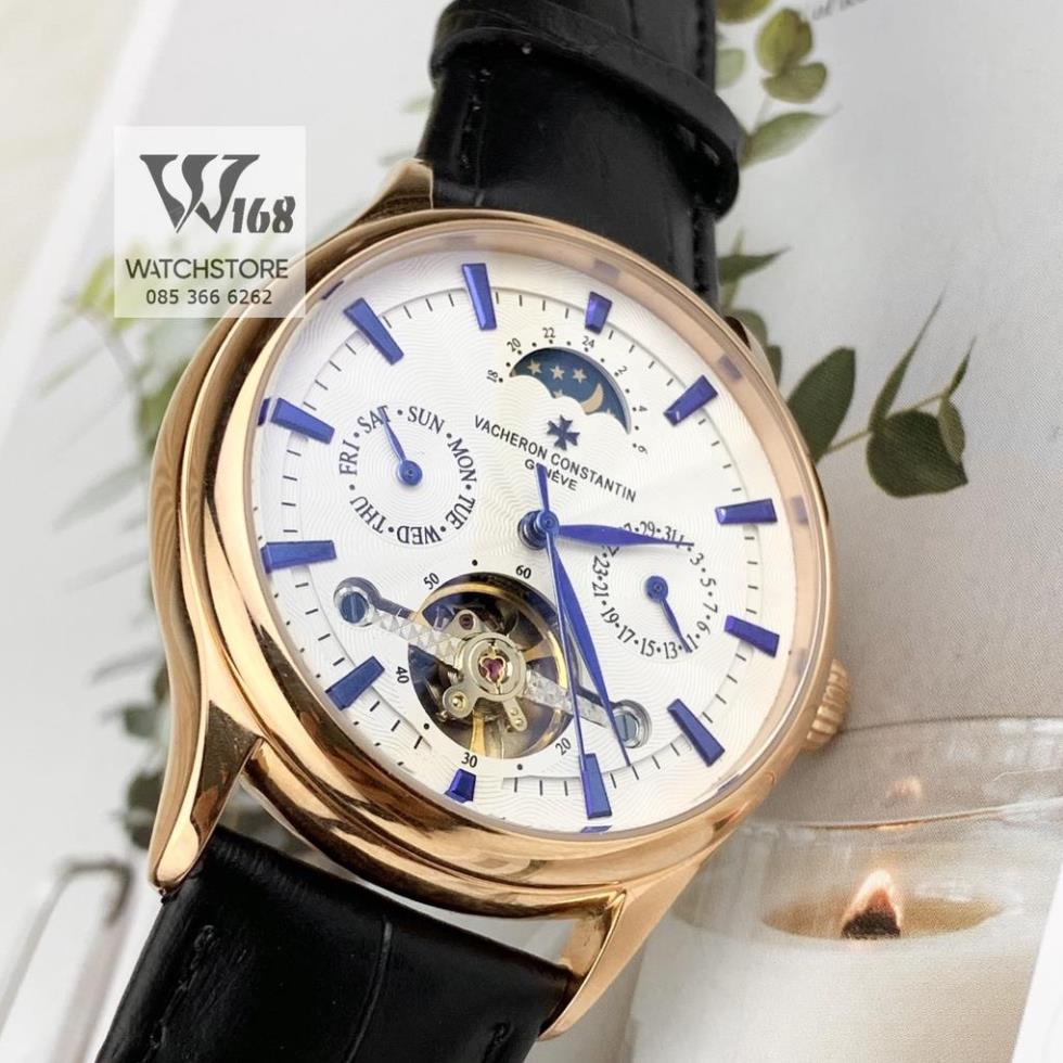 Đồng hồ Nam Vacheron máy nhật, mẫu kim xanh lộ cơ thanh ngang, mặt trắng viền vàng, dòng cơ Automatic size 40mm-41mm