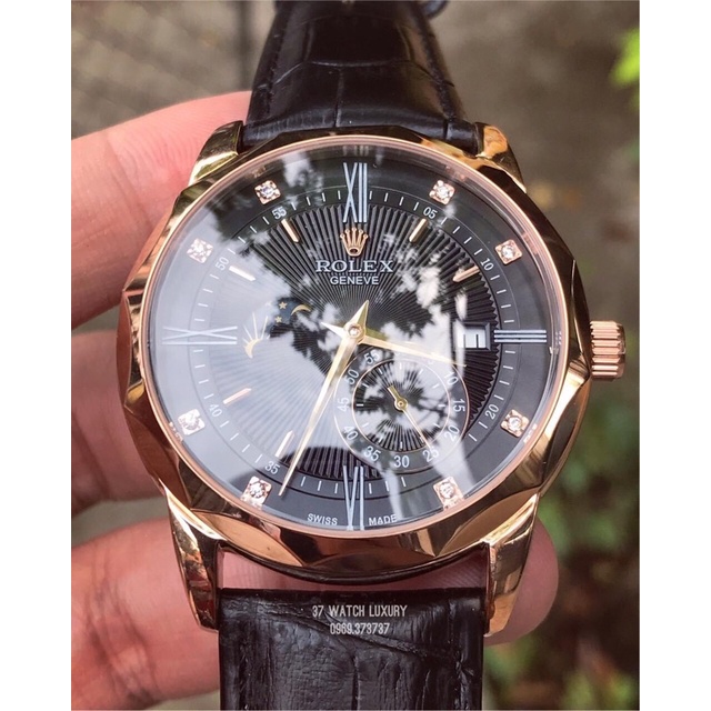 Đồng hồ Nam Rolex máy nhật, mẫu 3kim cắt vát mặt đen viền vàng dây da, dòng cơ Automatic size 40mm-4