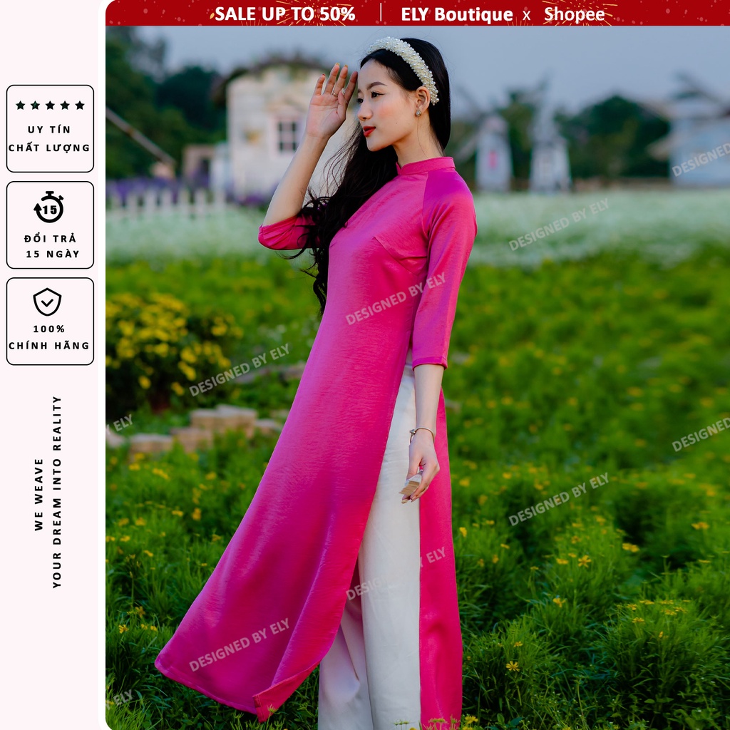 Áo dài cách tân nữ hồng trơn ELY lụa tây thi 2 tà ngắn thiết kế form đẹp LHS03
