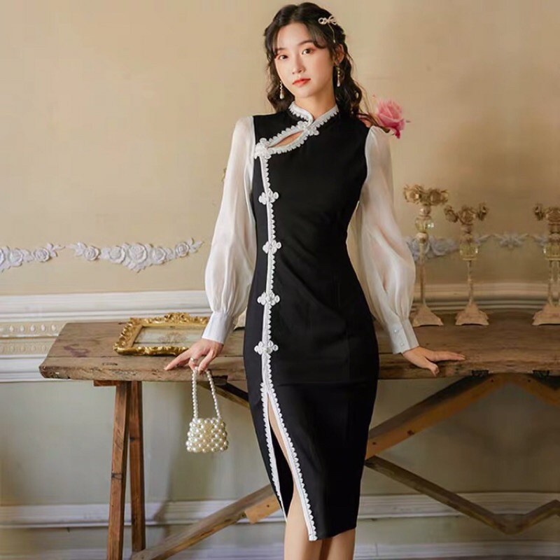 Váy sườn xám đen tay voan trắng cách tân Trung Quốc [Yannie]