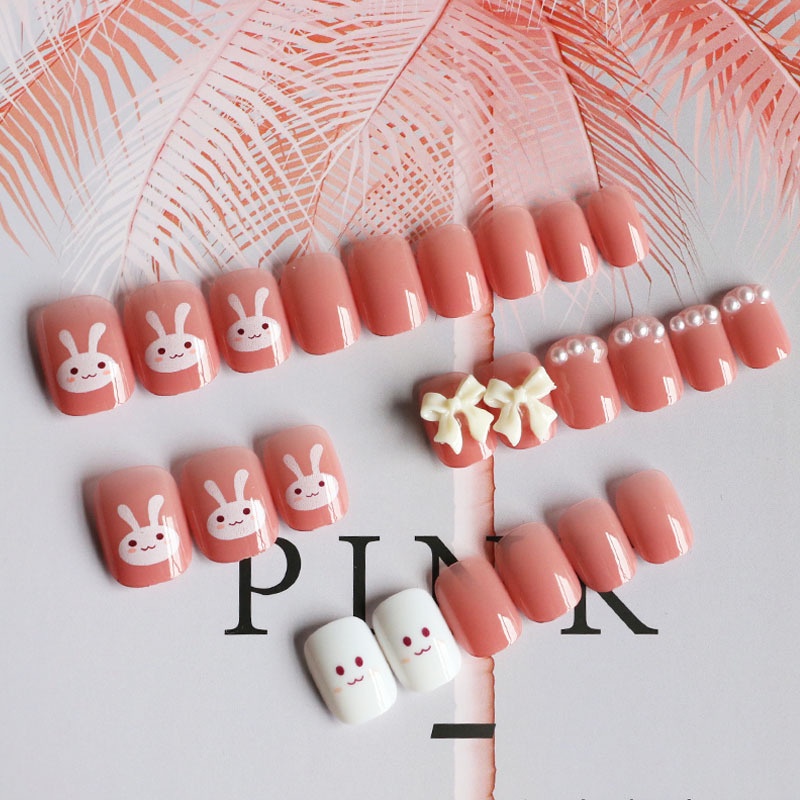 Miếng Dán Trang Trí Móng Tay Hình Thỏ Hồng Xinh Xắn/ móng giả đính nơ/Hồng/ đen/màu sắc/sự đổi màu