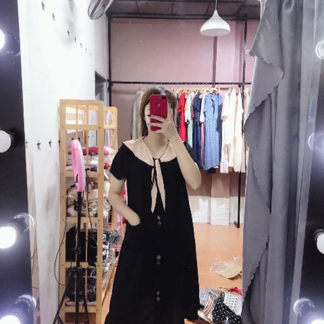 Váy bầu lụa chun nơ cổ