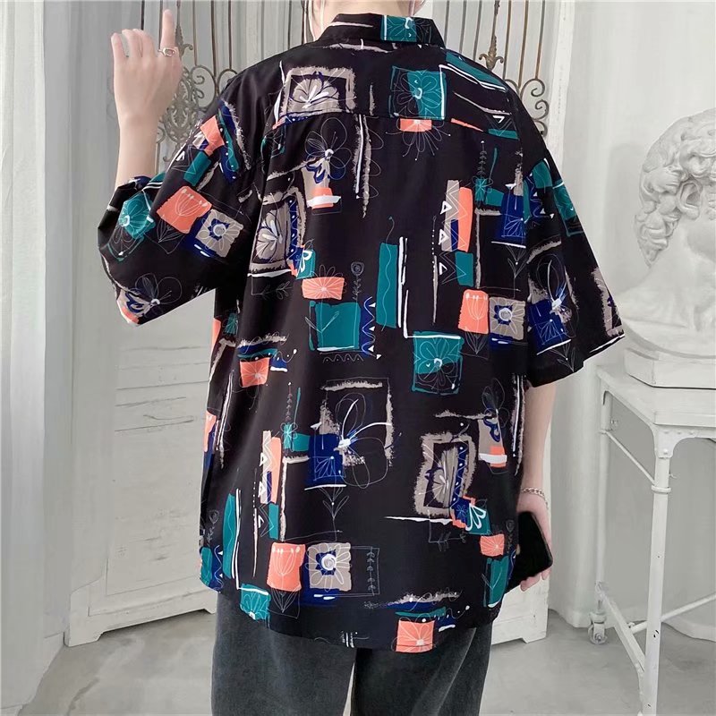 Korean Style Retro Floral Pattern Short Sleeve Men's Shirt