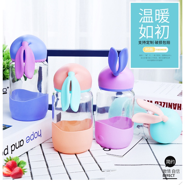 BLM Bình Nước Thuỷ Tinh Vỏ Bọc Silicon Nắp Thỏ Con Dễ Thương 350ML Hồng / Xanh Dương
