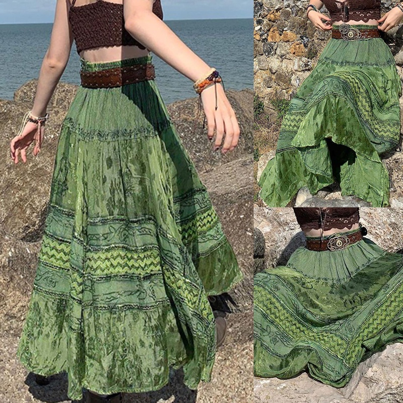 Chân Váy Midi Chữ A Eo Cao Co Giãn In Họa Tiết Hoa Lá Phối Dây Buộc Nơ Màu Xanh Lá Phong Cách Boho Cổ Điển Cho Nữ