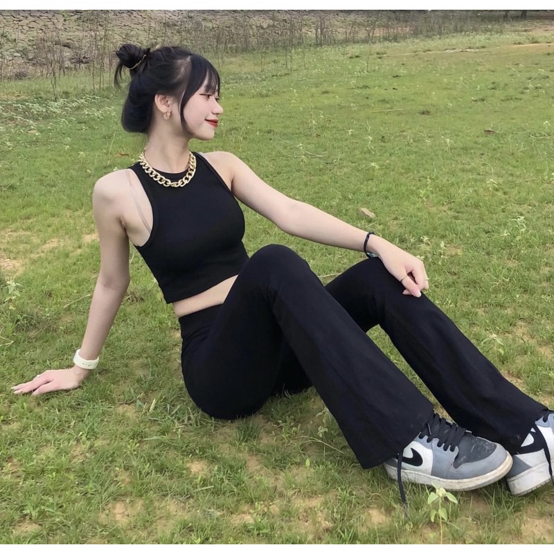 Quần loe lưng cao vintage siêu hack dáng chất coton umi hàng xuất dày mịn co giãn bốn chiều