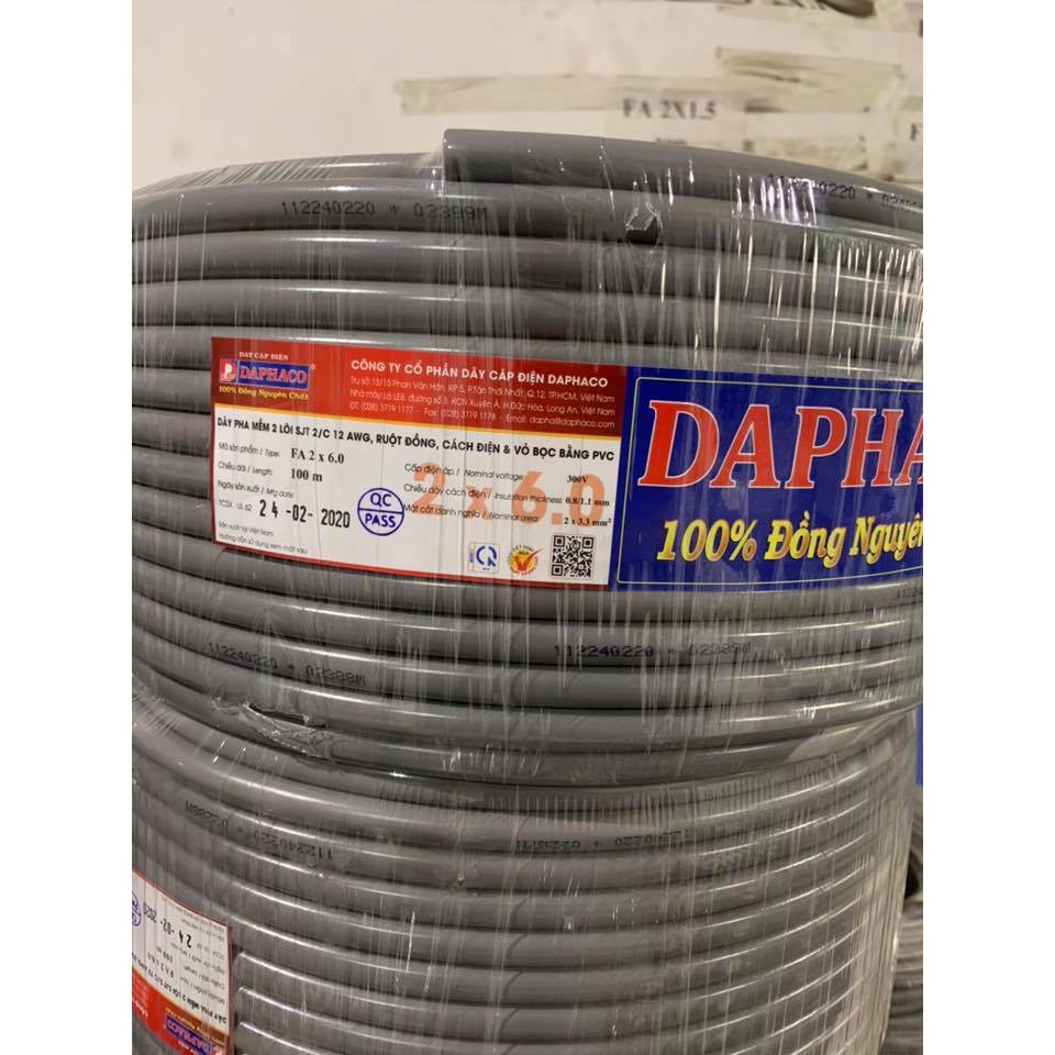 (Combo 100 Mét) Dây Điện Đôi Bọc 2 Lớp Tròn Xám 2 Lõi 2x1.0mm2 Đến 2x6.0mm2 Daphaco Ruột Đồng Nguyên Chất Chịu Tải Cao