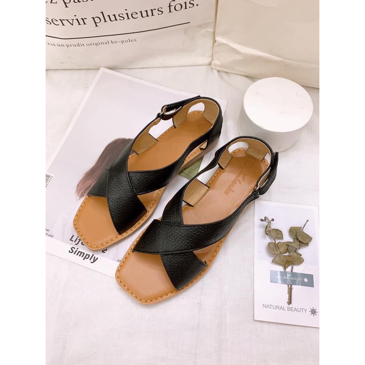 SANDAL CHÉO BỌC GÓT DA THẬT MANG ÊM CHÂN