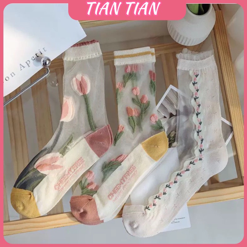 TIAN TIAN T168 Vớ Lưới Pha Lê Trong Suốt Siêu Mỏng Thoáng Khí Thoải Mái Họa Tiết Hoa Tulip Phong Cách Hàn Quốc Thời Trang Xuân Hè Mới Cho Nữ