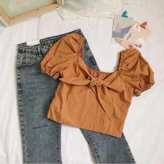 Áo sơ mi croptop thắt nơ