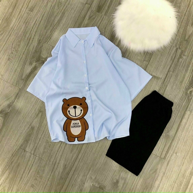 sét bộ quần ngố áo sơ mi thêu gấu