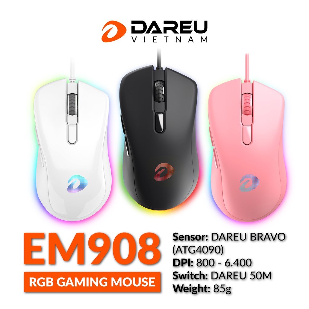 Chuột Gaming DAREU EM908 QUEEN PINK/ WHITE/ BLACK (LED RGB, BRAVO sensor) BH 2 năm