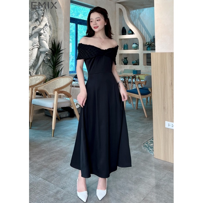 Váy dự tiệc trễ vai EMIX (màu đen), đầm tiểu thư dáng xòe cao cấp, chữ A, triết eo, chất trượt hàn 113