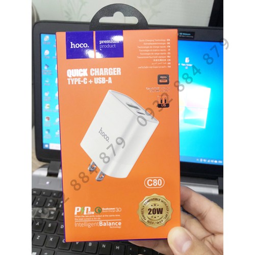 Cốc Sạc Nhanh IPhone/Android PD20W + QC3.0 Hoco C80 Chính Hãng Tích Hợp 2 Cổng Ra USB Và Type C Vật Liệu Chống Cháy