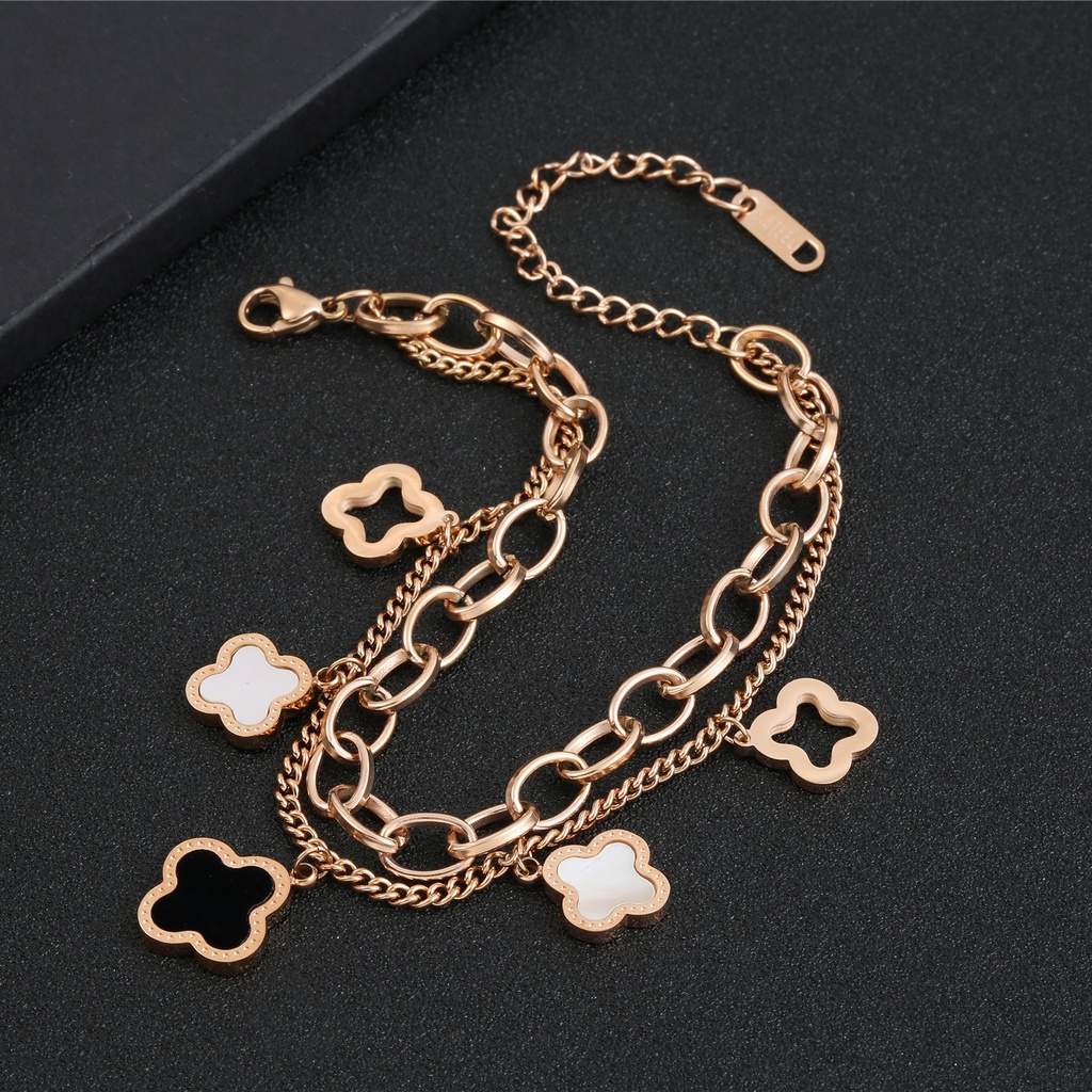 Vòng Tay Hai Lớp Bằng Thép Titan Mạ Vàng 18K Đính Đá Mã Não Trắng / Đen Sang Trọng