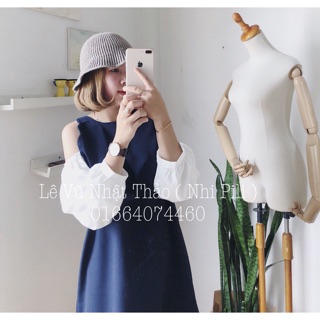 Đầm rớt vai phối tay trắng