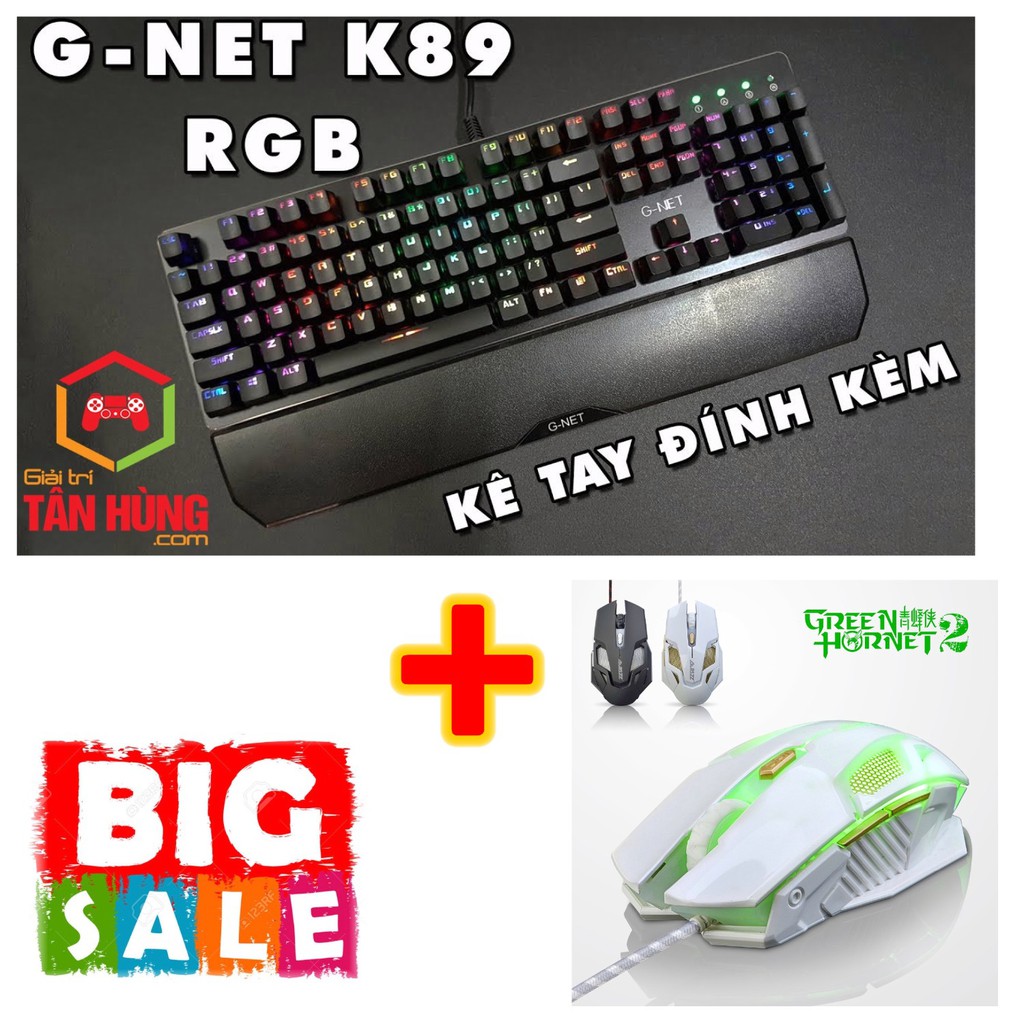 Bàn phím cơ Gnet K89 Full Led RGB có kê tay Tặng kèm chuột Gaming