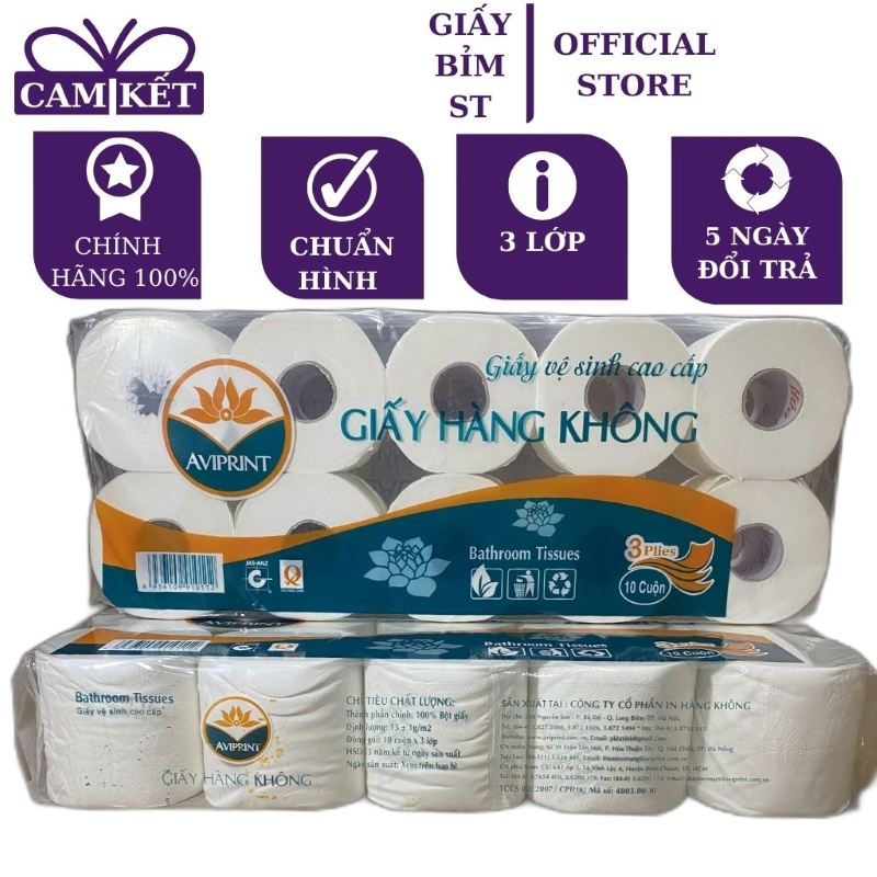 Giấy vệ sinh Hàng không 3 lớp 10 cuộn cao cấp cho nhà hàng, khách sạn