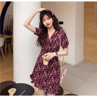 Đầm xoè hoa đỏ, tím đắp chéo đuôi cá (ảnh thật)