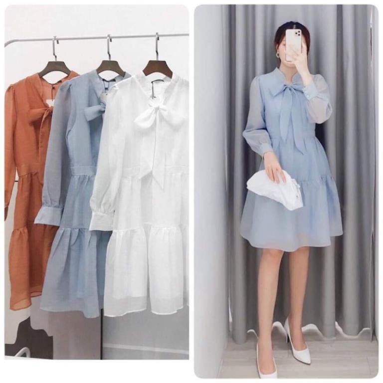 Váy Nữ, Đầm công sở trắng xanh nơ ngực tơ tầng xinh xắn | BigBuy360 - bigbuy360.vn