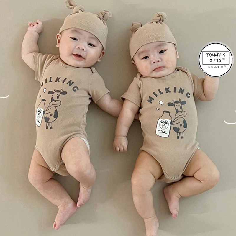 [Vải Thun lạnh] Bodysuit kèm mũ hình Bò sữa dễ thương chất mát lạnh bộ đồ thú cho bé mẫu quần áo sơ sinh từ 0 -12M