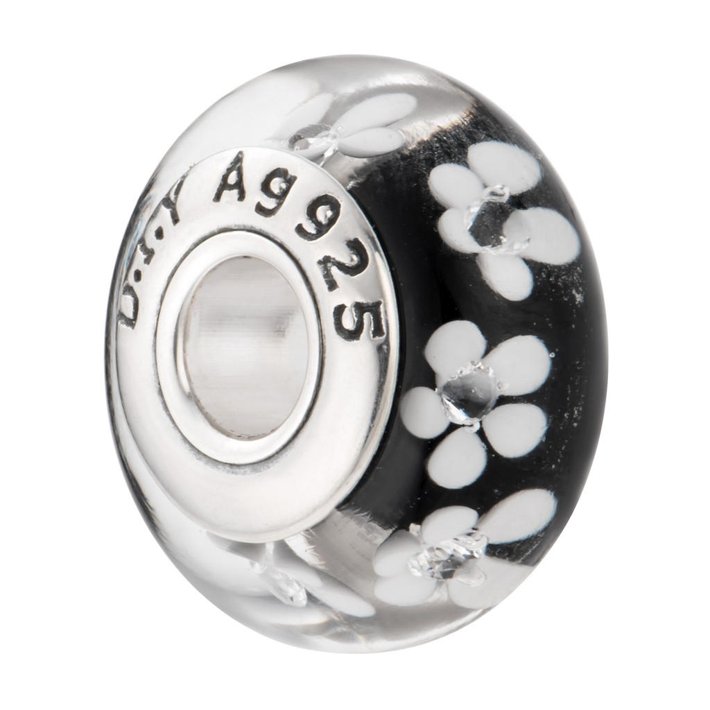 Hạt charm xỏ DIY PNJSilver hình dẹt tròn màu đen hoa văn 0000K060171