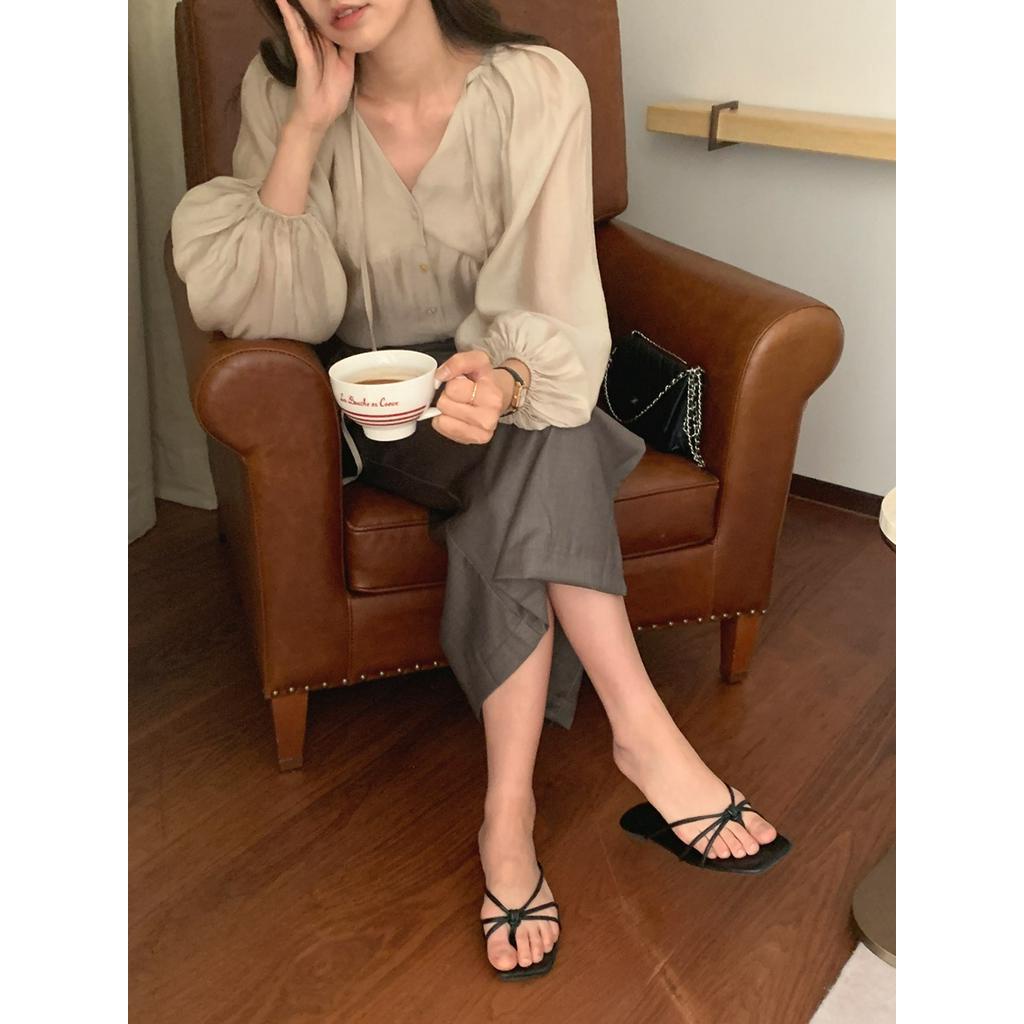 Áo Sơ Mi Cổ V Dáng Rộng Xẻ Tà Thời Trang 60943