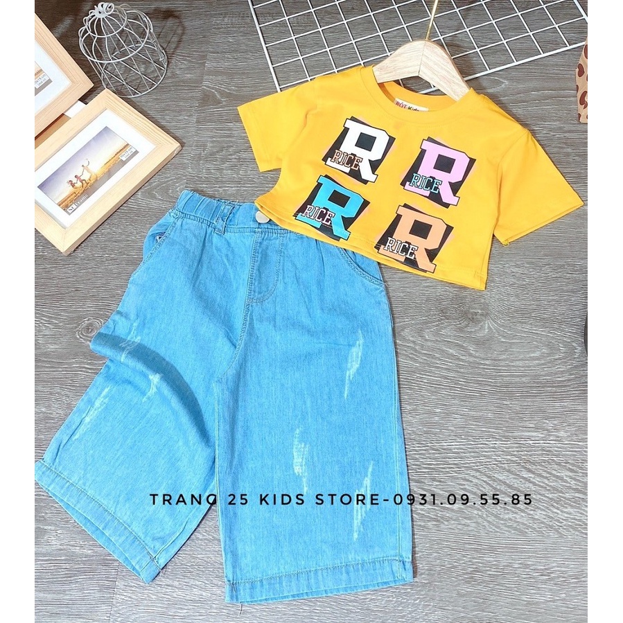 Bộ Áo Thun Quần Jean ống rộng bé gái , Áo Croptop Quần Jean Co Giãn , Trang 25 Kids - As19