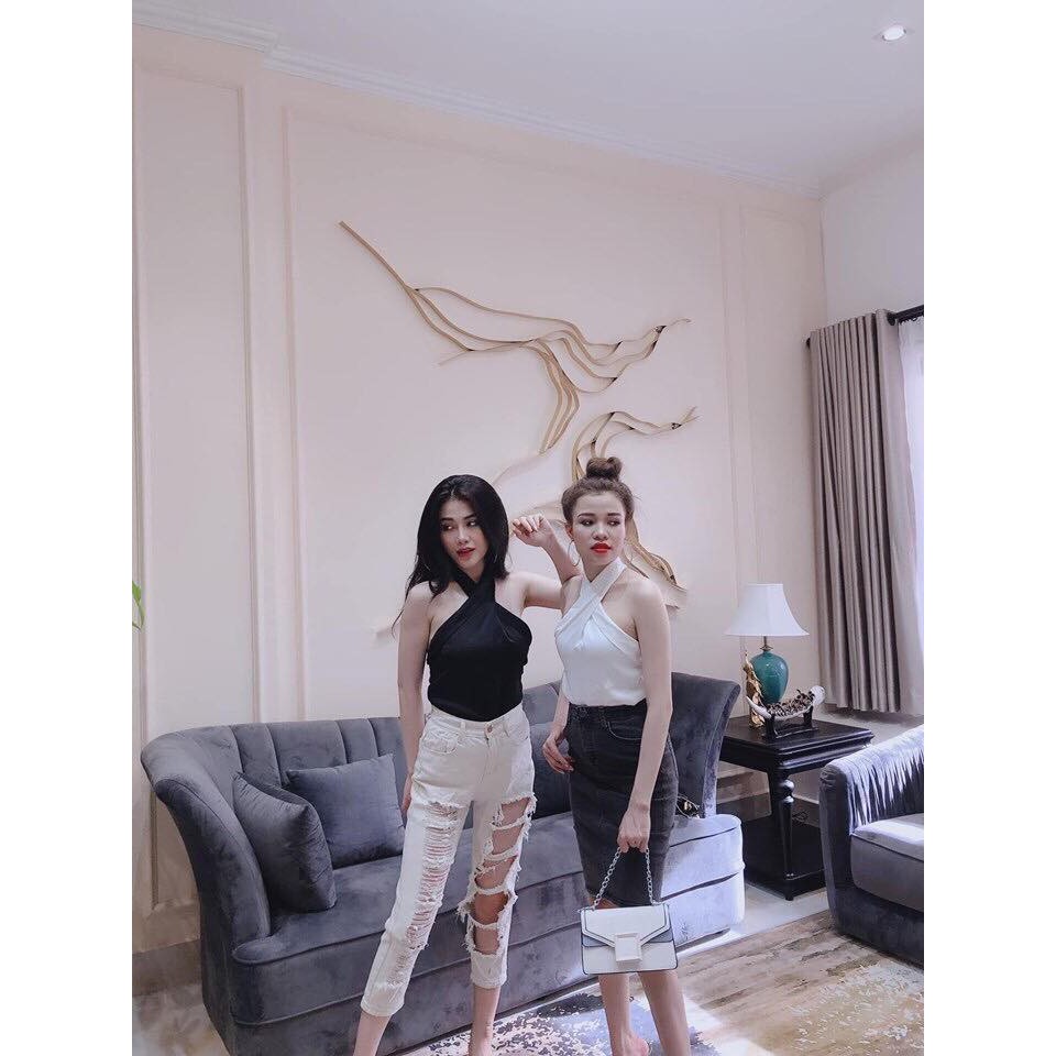 Áo phi bóng lụa kiểu xoắn choàng cổ | BigBuy360 - bigbuy360.vn