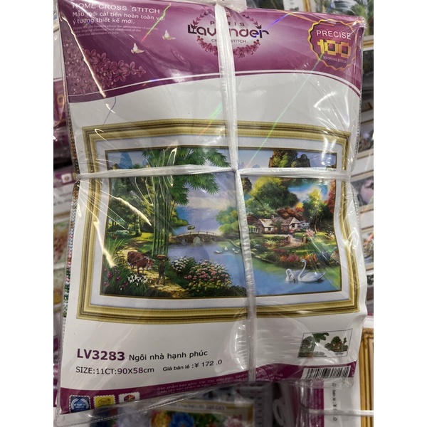 tranh thêu chữ thập phong cảnh làng quê ngôi nhà hạnh phúc lv3283 (90x58)