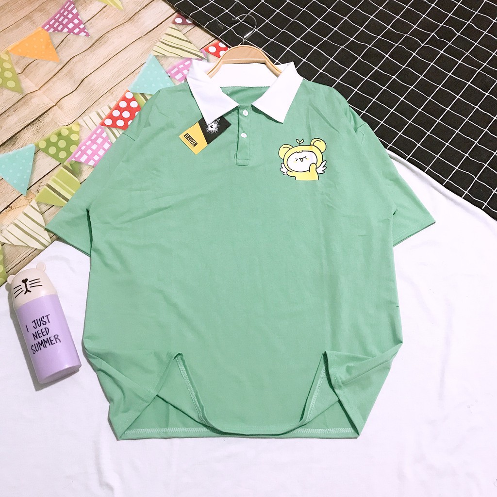 [QUÀ TẶNG DÂY BUỘC TÓC BẠN NHÉ]  Áo Polo GẤU Dáng Rộng, áo Polo Thun Tay Lỡ Có Cổ In Hình Gấu 2 Màu Unisex