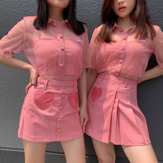 Áo lưới cổ sơ mi màu hồng