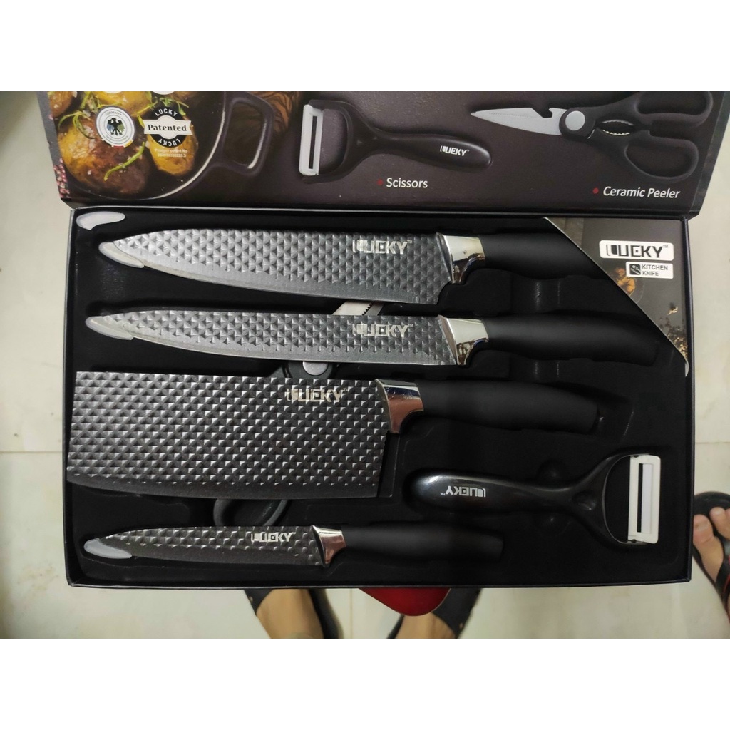Bộ Dao Kéo Nhà Bếp Lucky 6 Món Bằng Inox Hoa Văn Kim Cương Phủ Chống Dính Siêu Bền Hàng Cao Cấp