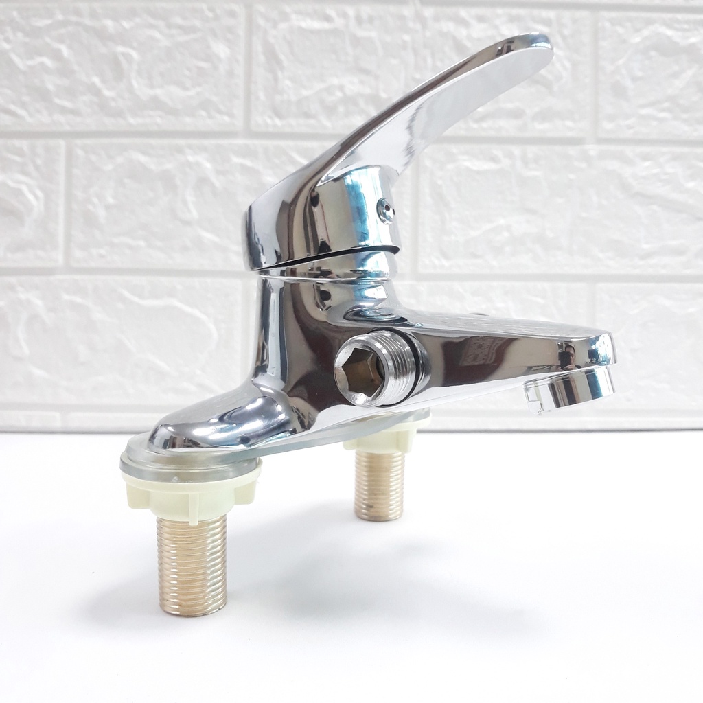 Vòi chậu rửa liền sen nóng lạnh, vòi lavabo liền vòi sen tăng áp 2 chân nóng lạnh bằng đồng mạ Niken màu Bạc cao cấp
