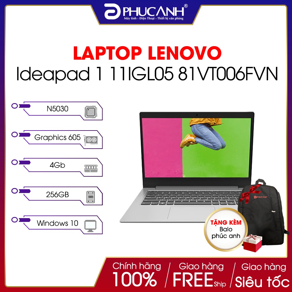 Laptop Lenovo Ideapad 1 11IGL05 81VT006FVN (Pentium N5030/ 4GB/ 256GB SSD/ VGA ON/11.6”HD/ Win10/ Grey)