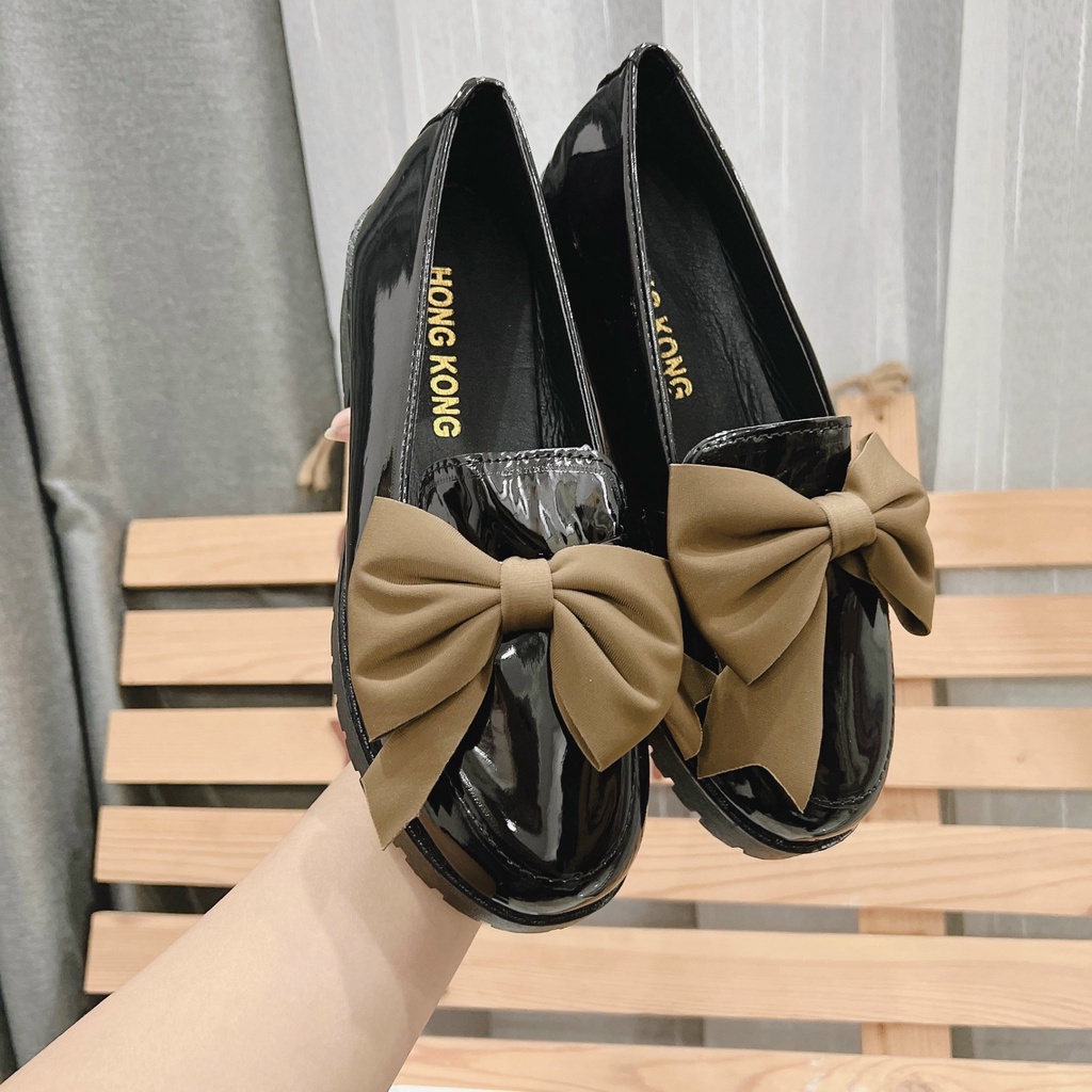 Giày nữ đính nơ 2 màu giày bóng đính nơ lên dáng cực xinh