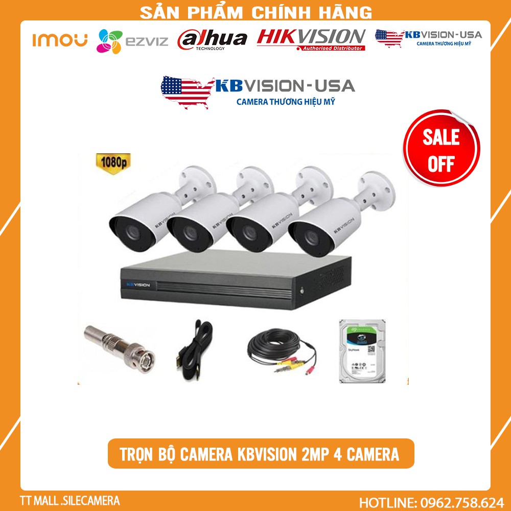 <Tích hợp thu âm>Trọn bộ 4 camera giám sát KBVISION Full HD 1080p kèm HDD 500G +60m dây liền nguồn