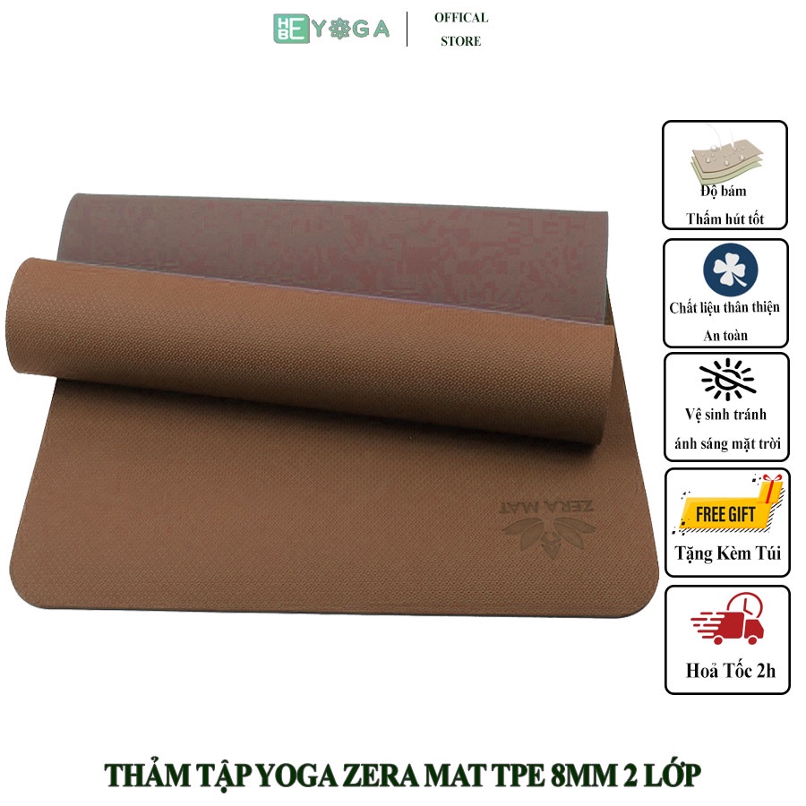 Thảm yoga TPE Zera Mat 2 lớp 8mm màu Nâu Tặng Kèm túi