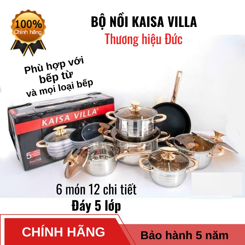 BỘ NỒI VUNG KÍNH INOX KAISA VILLA 5 LỚP ĐÁY 6 MÓN 12 CHI TIẾT[KV-6618]