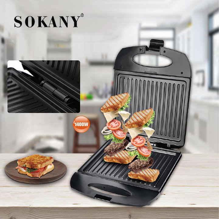 Máy nướng bánh mì, máy kẹp nướng bánh mỳ đôi, nướng thịt bbq Đa năng chính hãng SOKANY 1400W