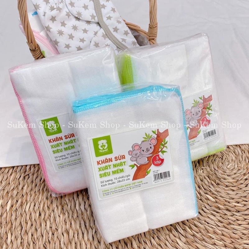 Khăn sữa xuất Nhật Mipbi cotton 3 lớp / 4 lớp MIPBI 28x36cm ( Set 10 chiếc )