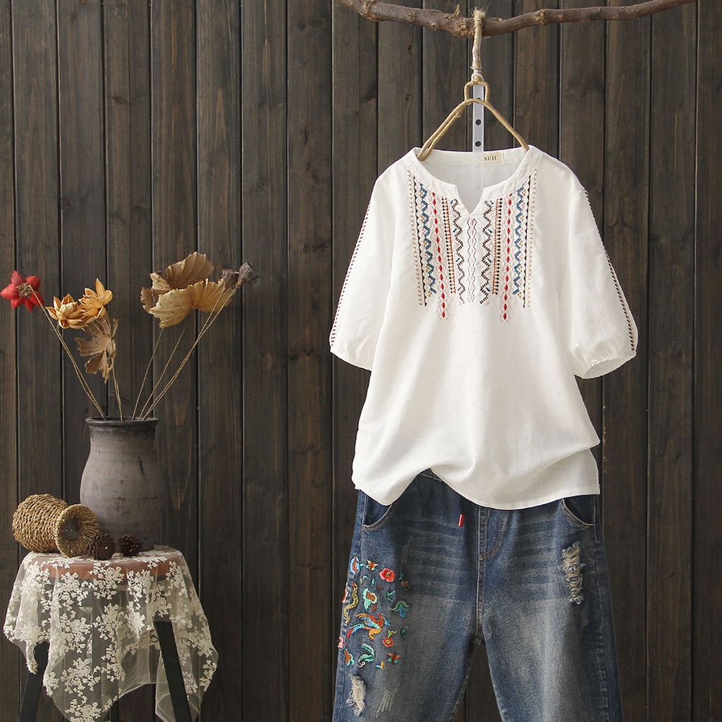 Áo Cotton Dáng Rộng Size Lớn Thêu Họa Tiết Thổ Cẩm Thời Trang Mùa Hè