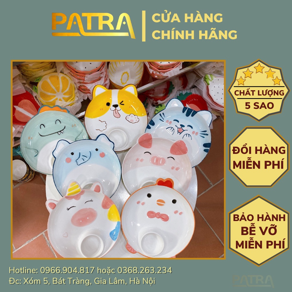 Đĩa sứ hoạt hình có ngăn chấm tiện lợi, dĩa sứ decor họa tiết dễ thương