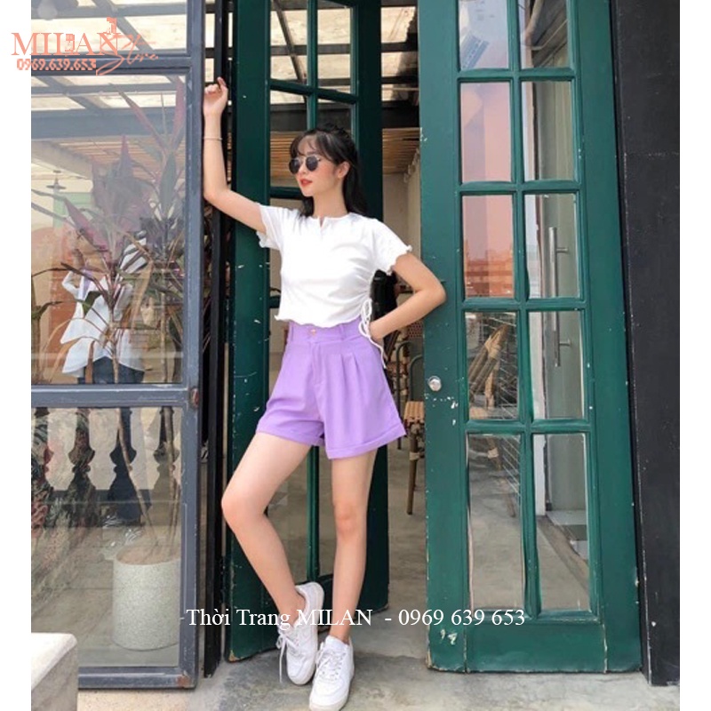 Quần đùi gập gấu cạp cao khuy cài khóa giữa mặc đi biển đẹp