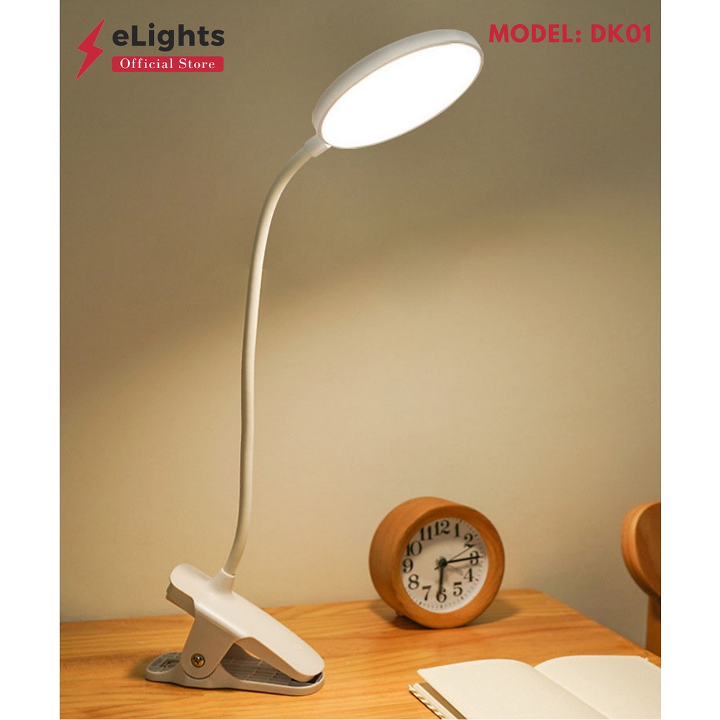 Đèn Kẹp Bàn Học Để Bàn Đọc Sách, Làm Việc Elights – 03 Mức Độ Ánh Sáng Vàng Bảo Vệ Mắt Chống Cận Pin 2500 mAh eLights